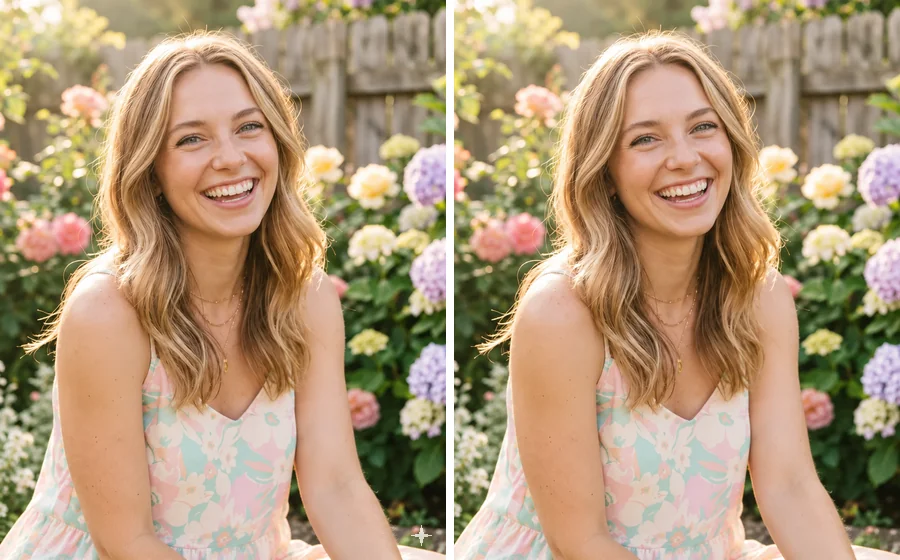 Smiling woman in a flower garden, Gemini image with the sparkle logo next to the cleaned version
