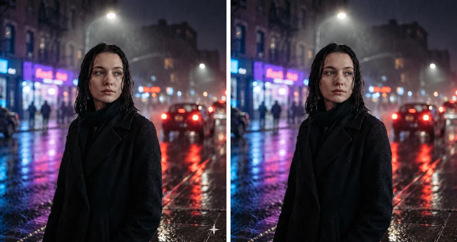 Night street portrait with neon lights, original next to the version with the Gemini logo removed