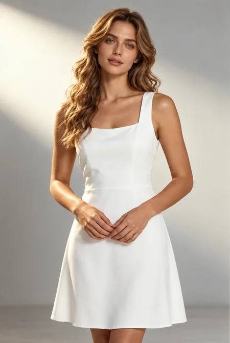 Full-length photo of a woman in a white dress next to her male version in a white sleeveless suit (before)