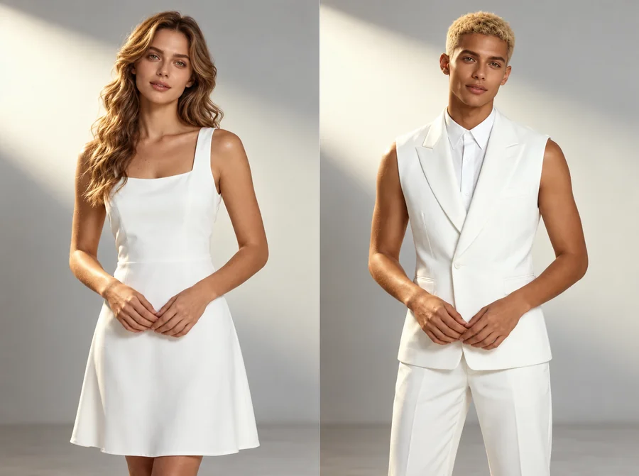 Full body gender swap from a woman in a white dress to a man in a white suit