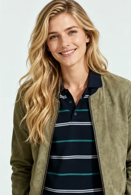 A man in a green jacket next to his female version with long blonde waves (after)