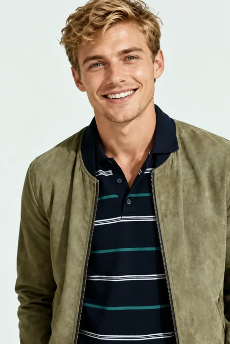 A man in a green jacket next to his female version with long blonde waves (before)