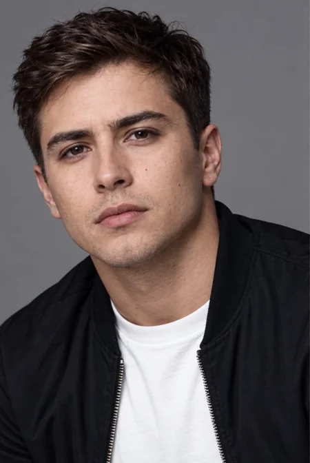 A young man in a black jacket next to his female version with long dark waves (before)
