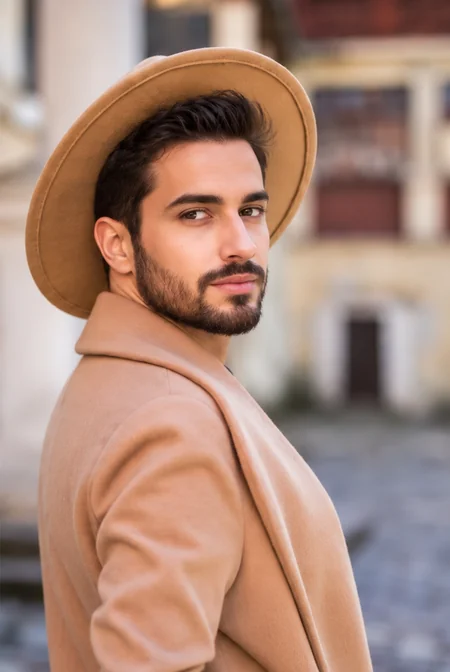 A woman in a straw hat and camel coat next to her bearded male version in the same outfit (after)