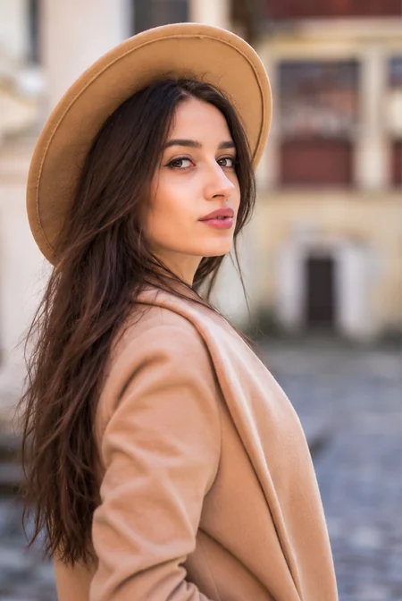 A woman in a straw hat and camel coat next to her bearded male version in the same outfit (before)
