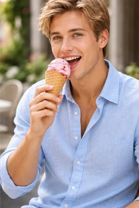 A blonde woman eating ice cream at a cafe next to her male version in a light blue shirt (after)