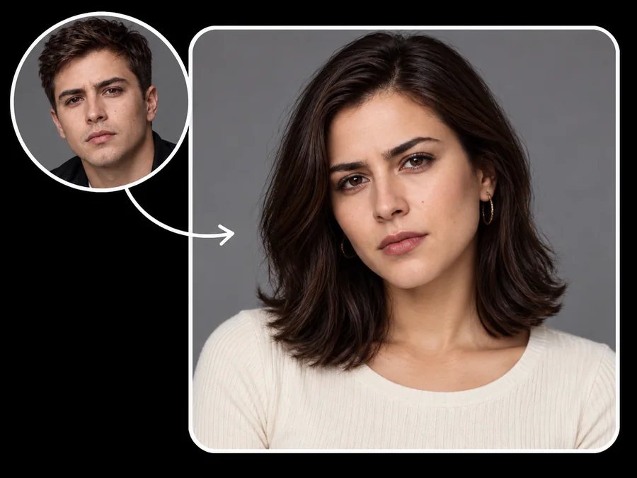 A man and his female version side by side with the same eyes and expression