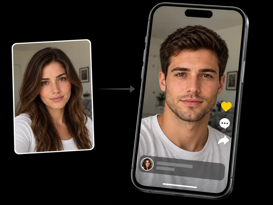 A woman’s selfie and her male version shown as a short social video reveal