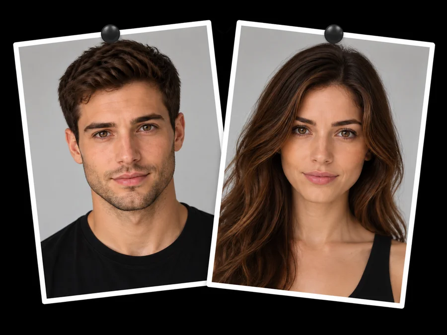 Male and female versions of the same face shown as two pinned photos