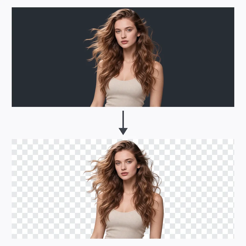 Woman with long wavy hair cut out cleanly from a dark backdrop