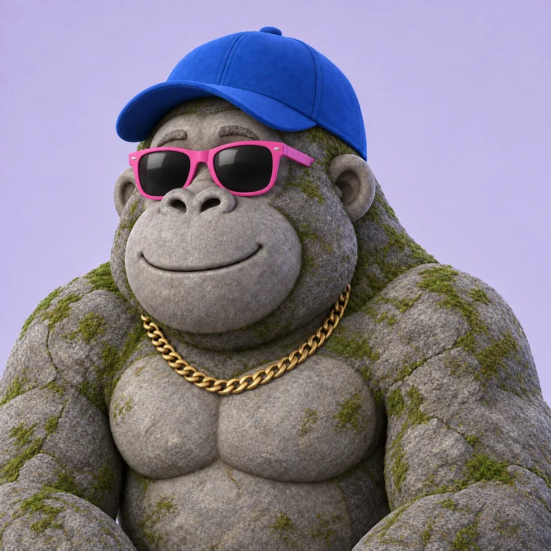 Cartoon gorilla character with stone fur, a blue cap, pink sunglasses, and a gold chain