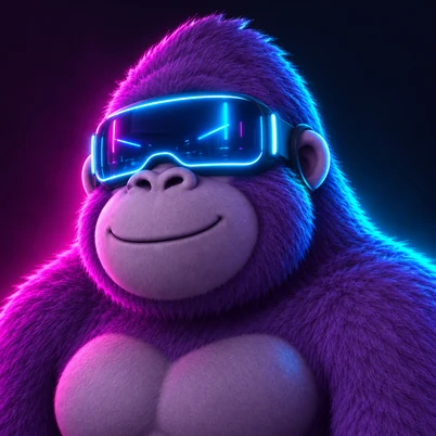 Muscular gorilla with neon circuit tattoos wearing a glowing VR visor