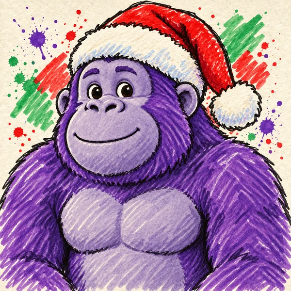 Doodle gorilla with colorful paint splashes and a Santa hat waving hello