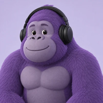 Gorilla wearing over-ear headphones and gold aviator sunglasses on a dark background