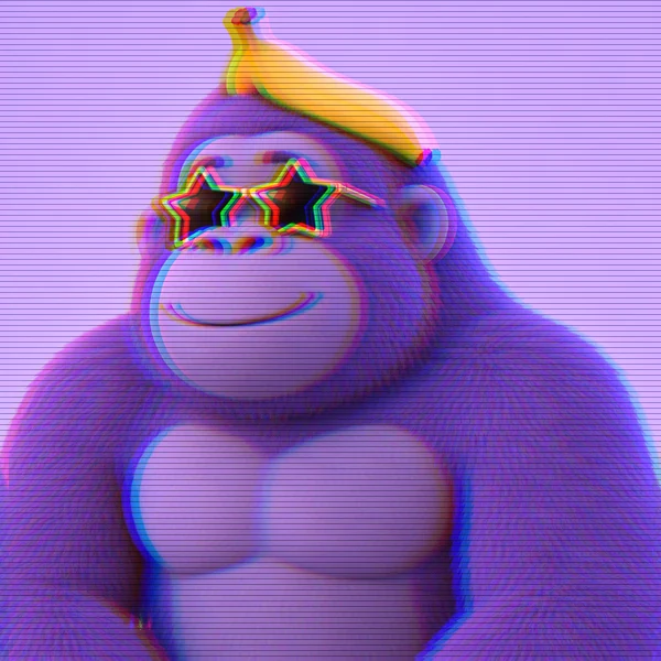 Neon blue gorilla with a banana hat and star glasses in front of a glowing synthwave city