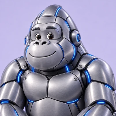 Robotic gorilla with metallic plating and glowing orange circuits