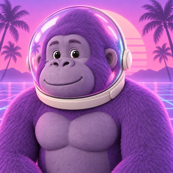 Pastel 3D gorilla avatar in a glowing astronaut helmet with a vaporwave sunset behind it
