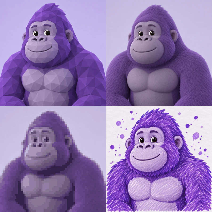 The same gorilla avatar idea shown as a low-poly render, a 3D render, pixel art, and a doodle