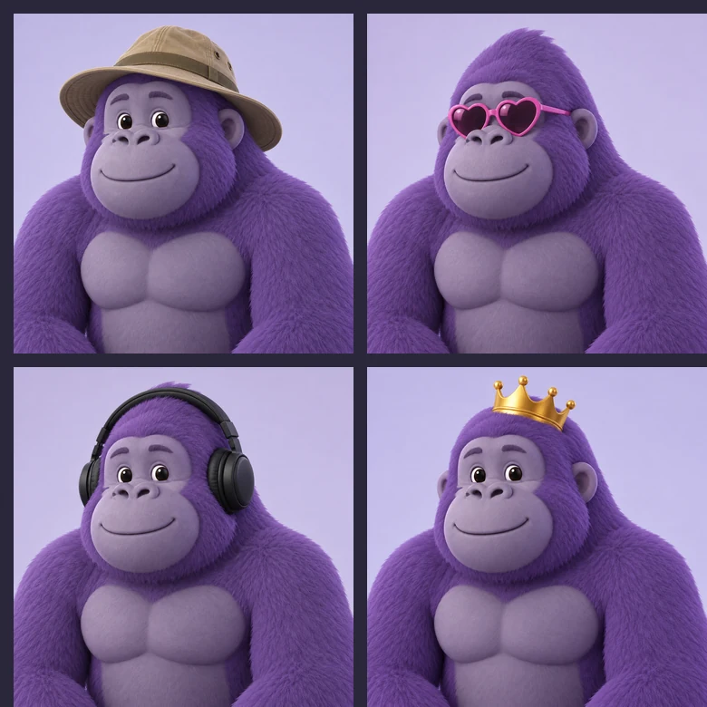 Four gorilla profile pictures wearing an explorer hat, heart sunglasses, DJ headphones, and a crown