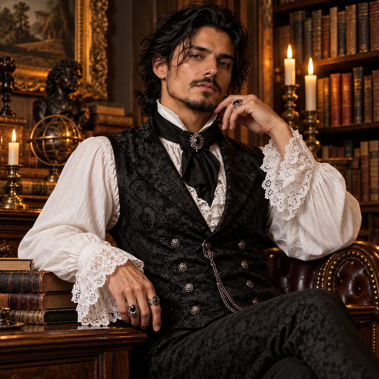 A man restyled in a Victorian goth vest with lace sleeves and a pendant