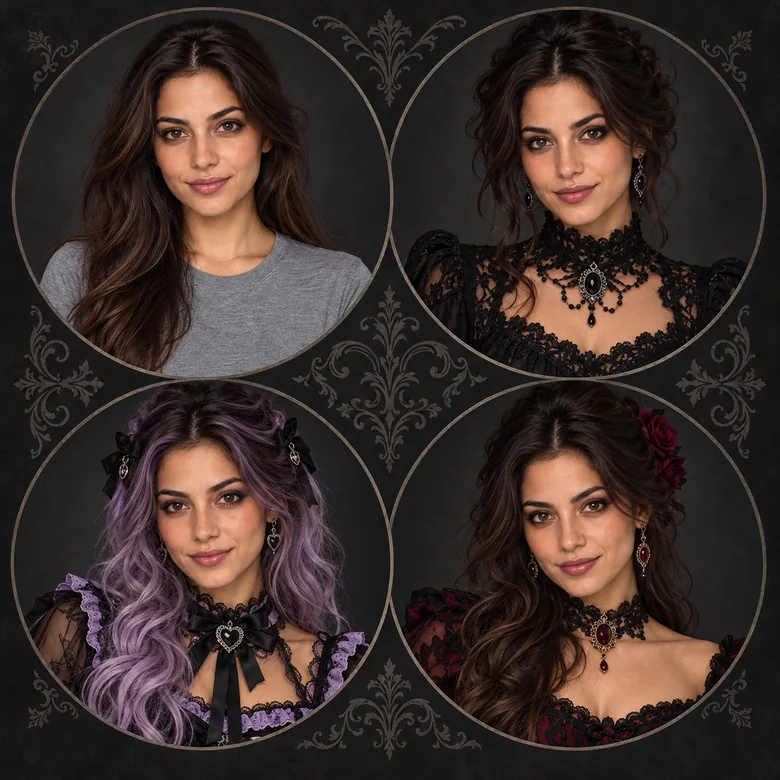 A smiling woman restyled in three goth looks for profile pictures