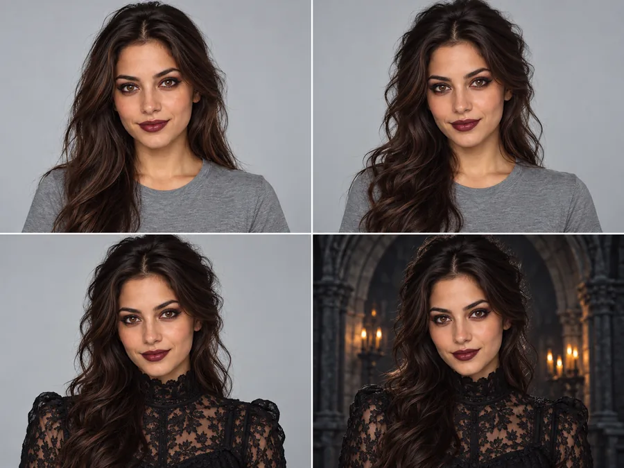 Four levels of the gothic filter: makeup only, makeup and hair, full look, and full look with a gothic scene