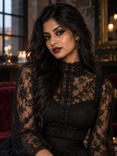 Woman with black hair, smoky eyes and a dark lip in a classic goth look