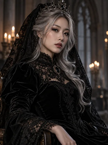 Woman with silver hair in a black lace hood and gown