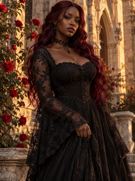 Woman with burgundy hair in a black lace gown in front of a cathedral