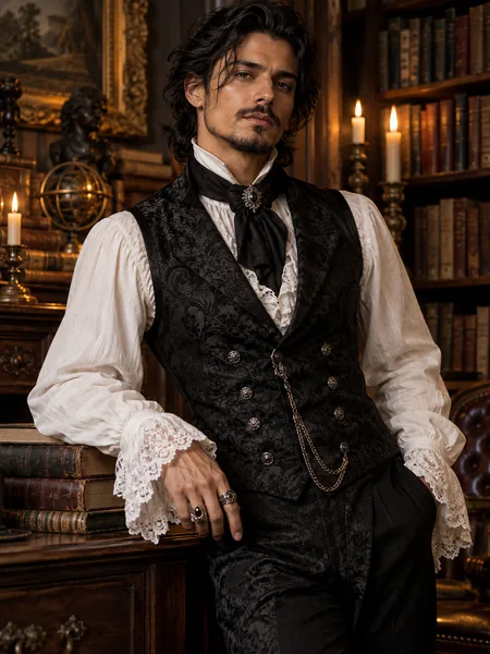 Man in a black brocade vest with lace sleeves and a pendant