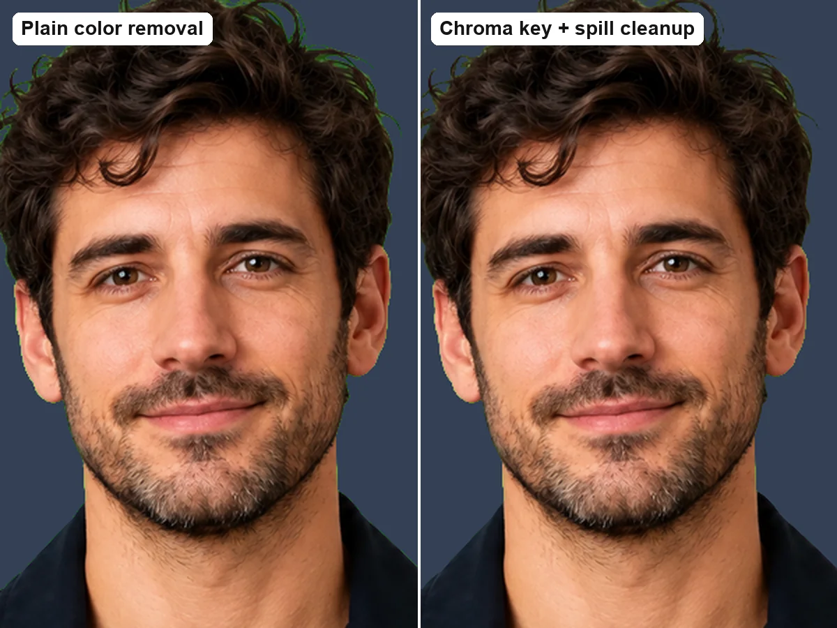 Hair edge after plain color removal with a green fringe, next to the chroma key result with spill cleanup