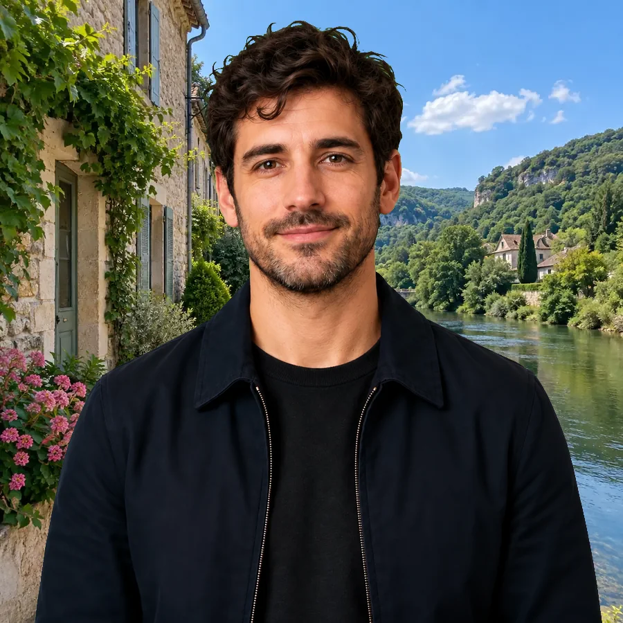 Transparent green screen cutout of a man placed on a riverside landscape photo