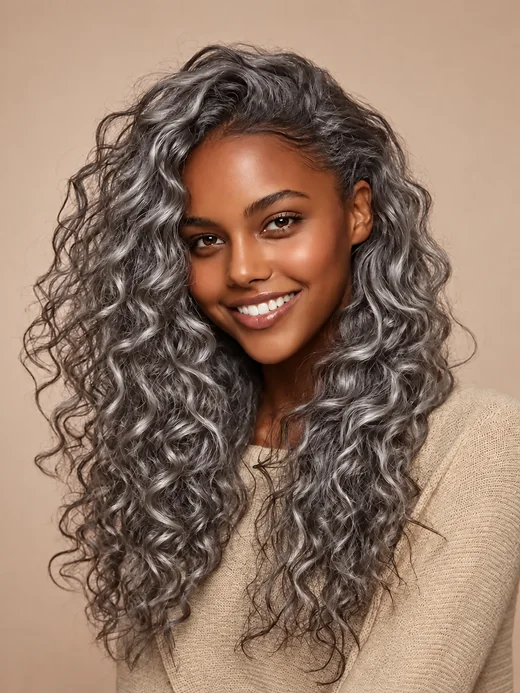 Drag to compare the black curls and the ash grey curls (after)
