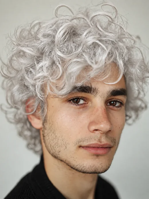Drag to compare the dark wavy hair and the white hair (after)