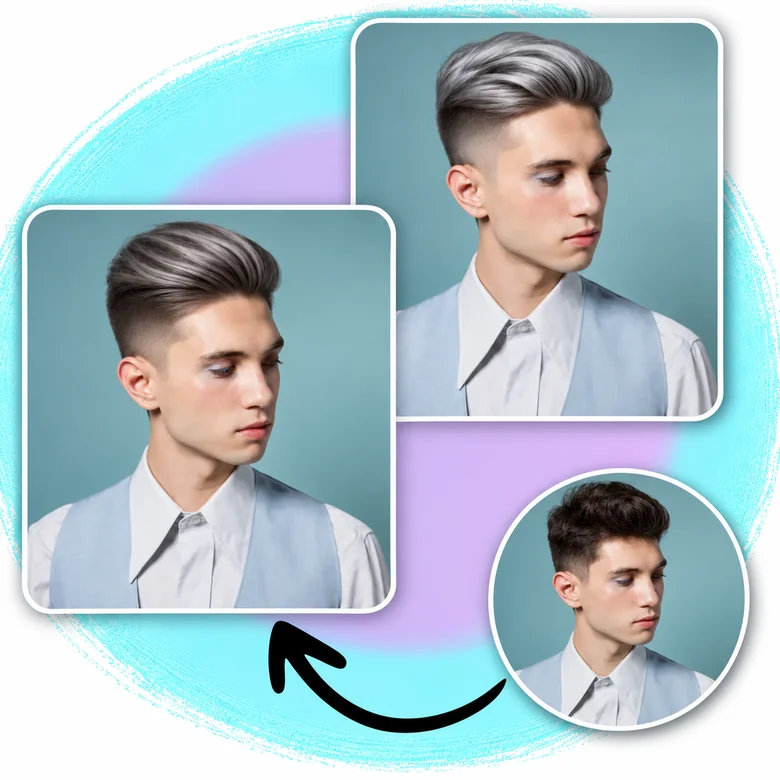 A young man with a dark undercut shown again with grey and silver hair