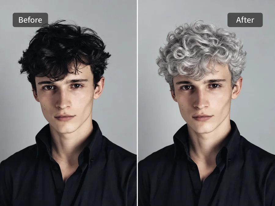 Before and after: a young man with black curly hair and the same face with grey curly hair