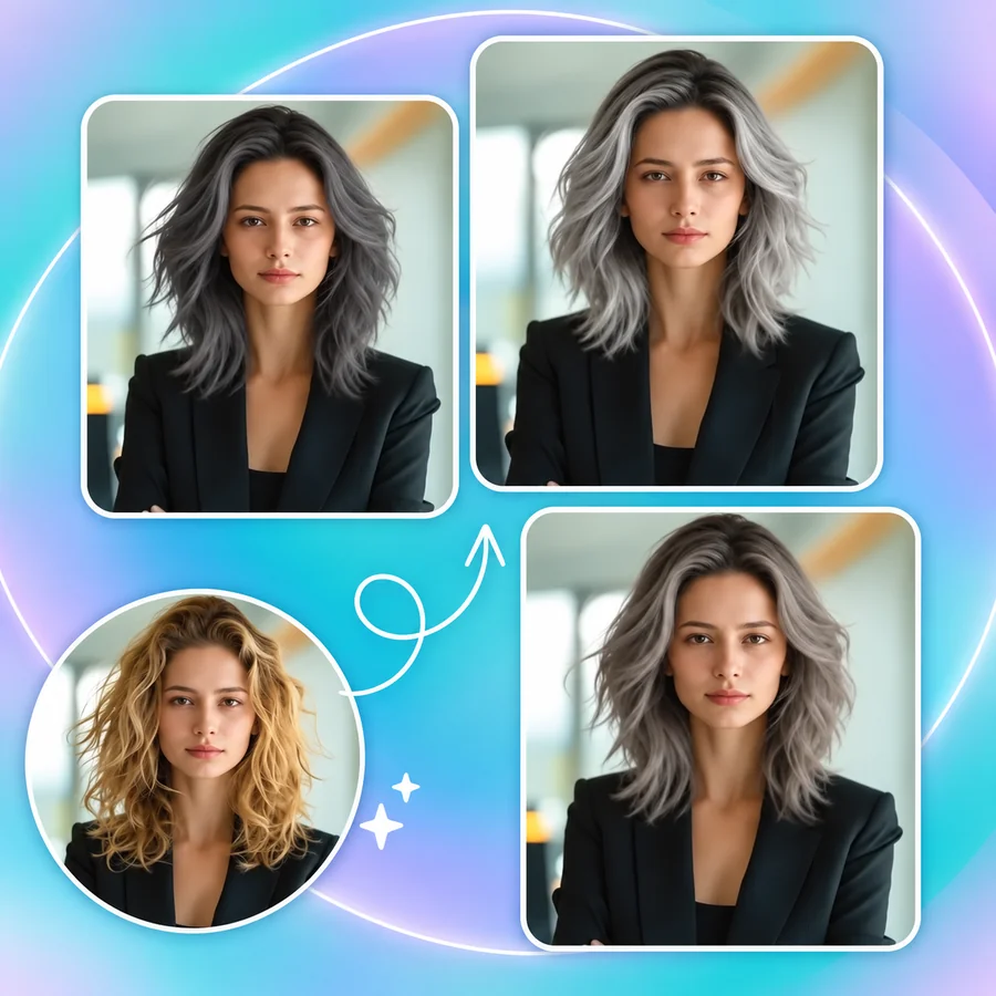 A woman with curly blonde hair shown in three different shades of grey