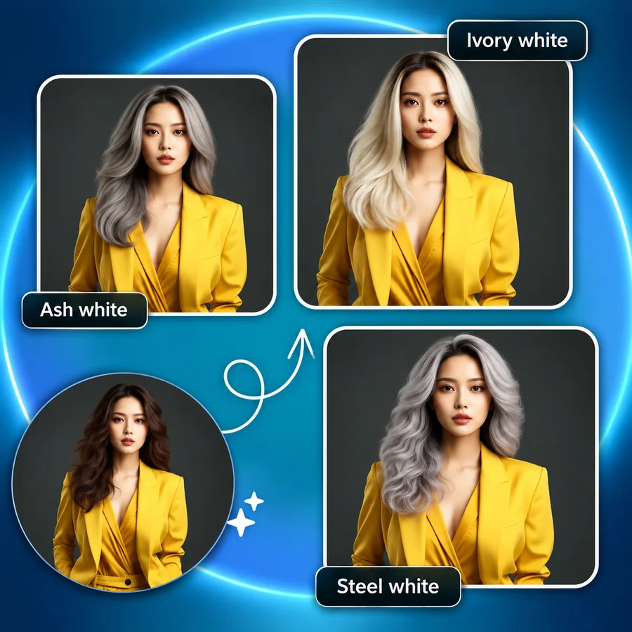 A woman in a yellow blazer shown with ash white, ivory white, and steel white hair