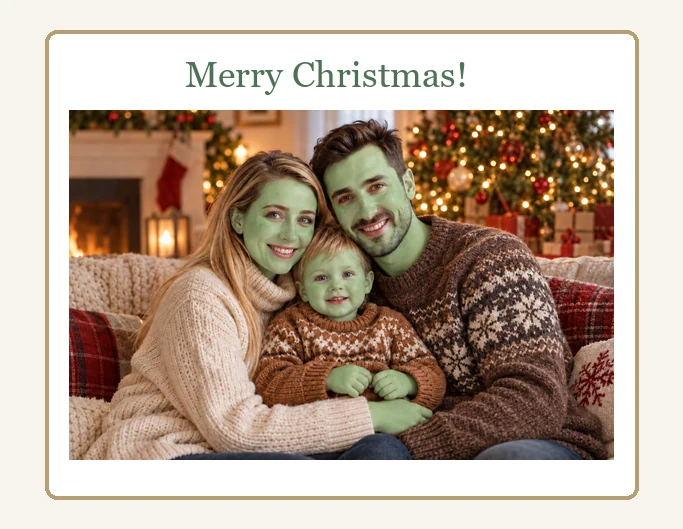 Christmas card with a family photo restyled in a green fuzzy holiday look inside a wreath frame