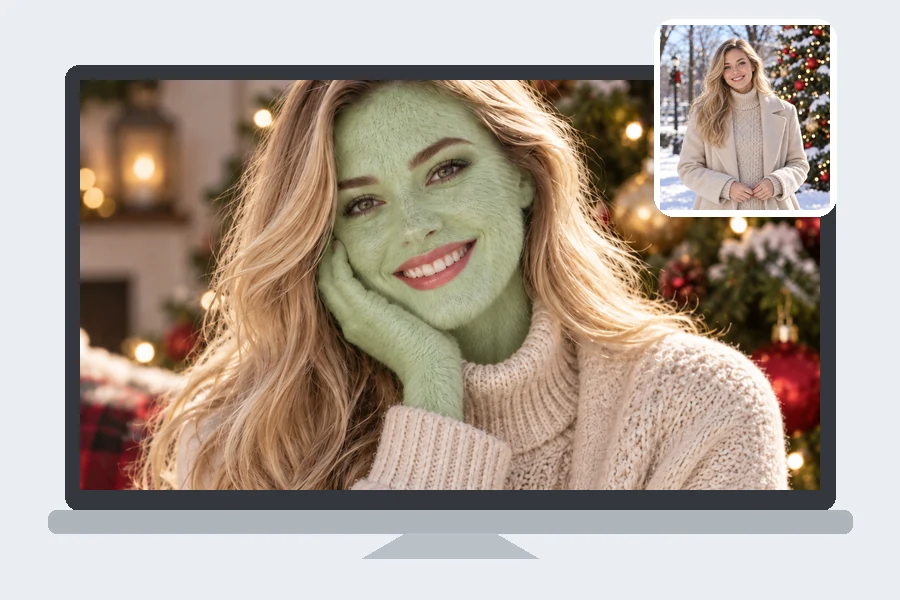 Laptop showing a wallpaper of a woman restyled with green fuzzy skin in front of Christmas lights