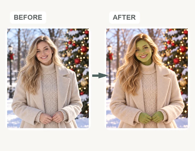Before and after: a blonde woman in a winter coat and the same woman with green holiday face paint and green hair