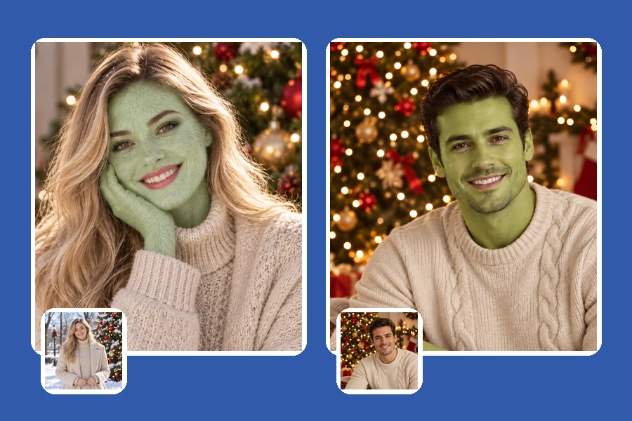 Two friends restyled with green fuzzy skin and sly grins in front of a decorated Christmas tree