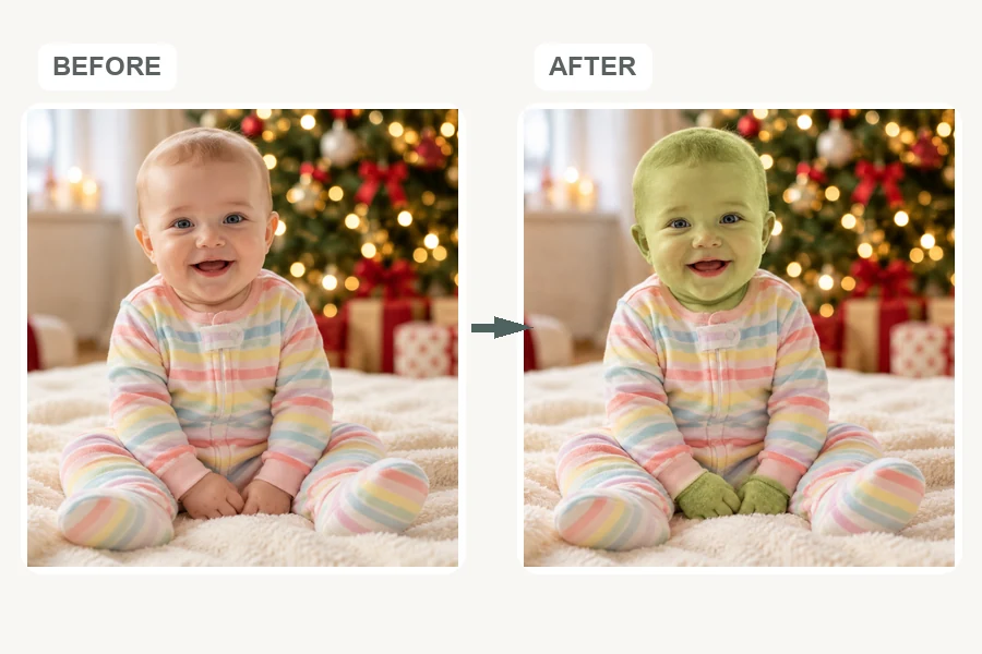 Before and after: a smiling baby in pajamas and the same baby with soft green fuzzy fur by a Christmas tree