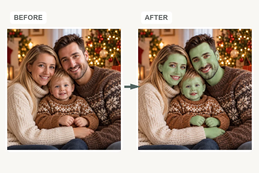 Before and after: a family of three on a sofa and the same family restyled in green holiday style by a Christmas tree