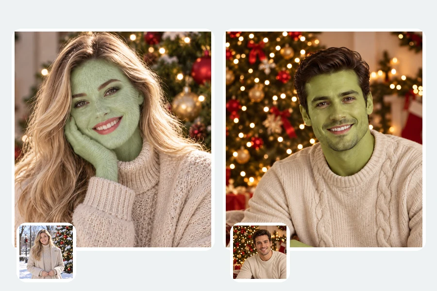 A close-up portrait and a full-body photo, both restyled with green fuzzy skin while keeping the original outfits