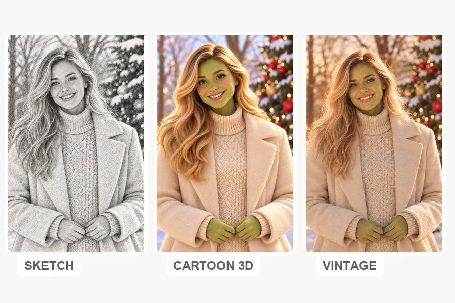 The same woman shown in three green holiday styles: pencil sketch, cartoon 3D, and vintage film