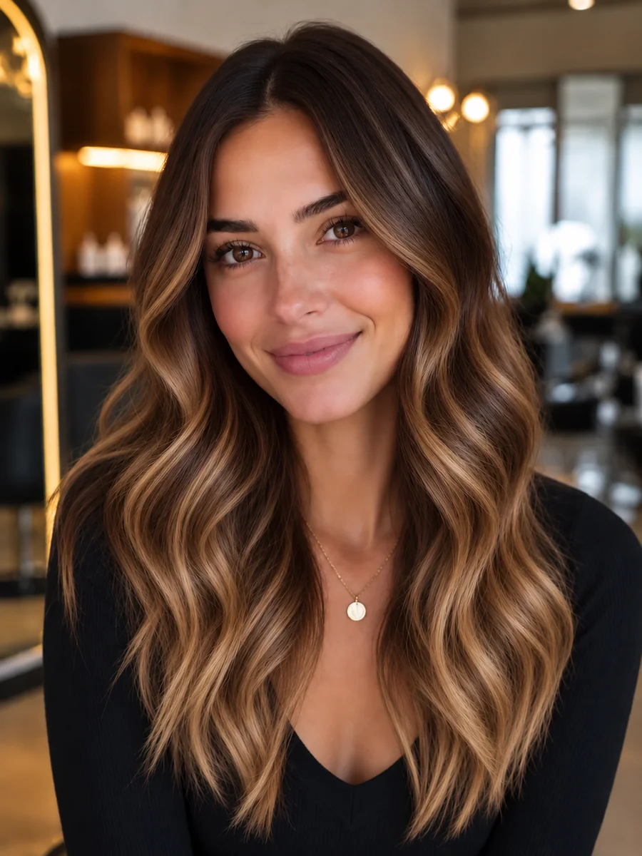 Drag to compare the dark brunette hair and the caramel balayage (after)