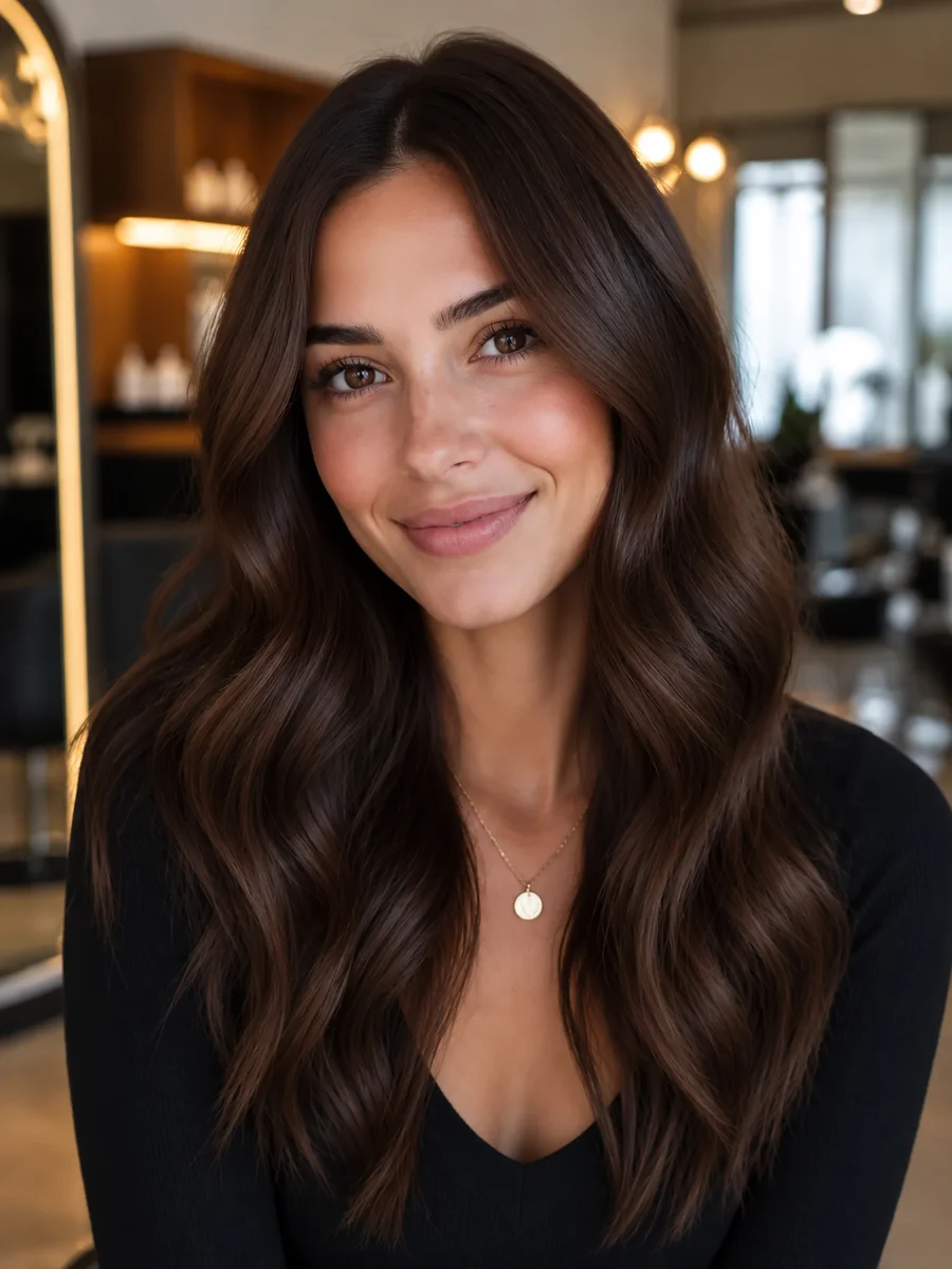 Drag to compare the dark brunette hair and the caramel balayage (before)