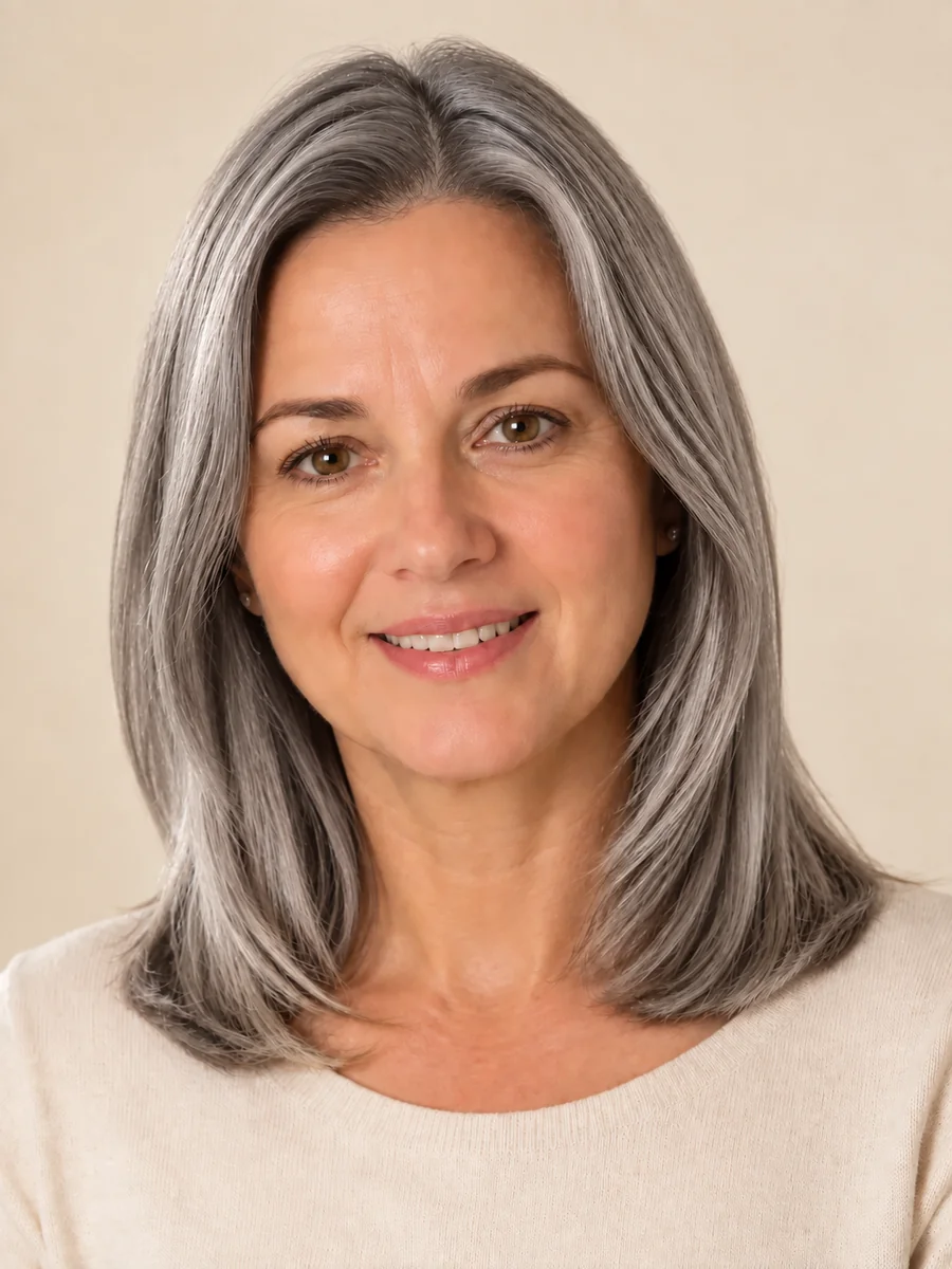 Drag to compare the warm brown hair and the silver grey hair color (after)