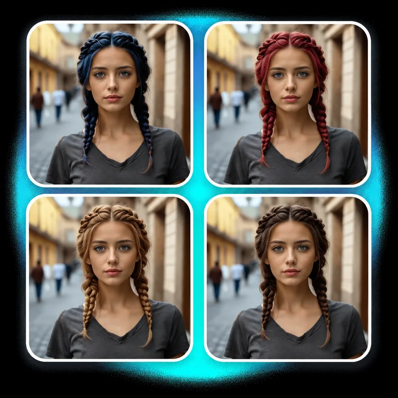 The same woman with braided hair shown in navy, red, honey blonde, and brown hair colors